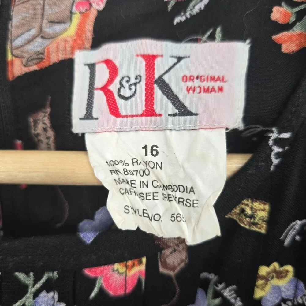 R+K Originals Womens‎ Size 16  Black Floral Midi Dress Short Sleeve Cottagecore
